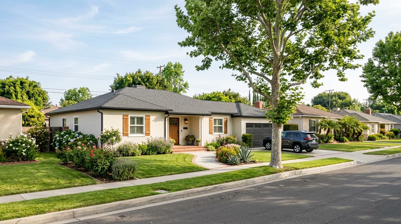Single-story Anaheim home with a tidy front lawn and mature landscaping on a quiet residential street in the morning light
