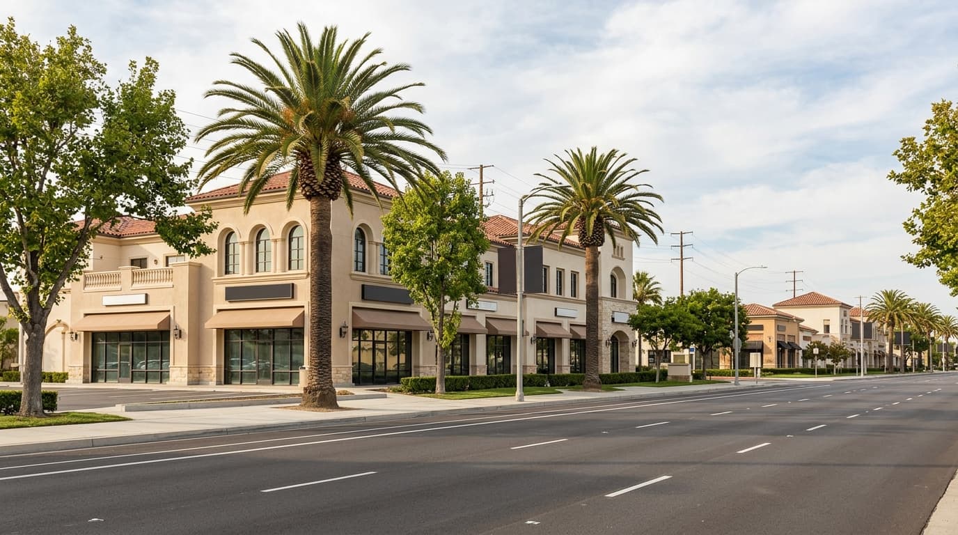 Commercial plaza and tree-lined street in the Little Saigon area of Westminster, California with storefront signs and palm trees