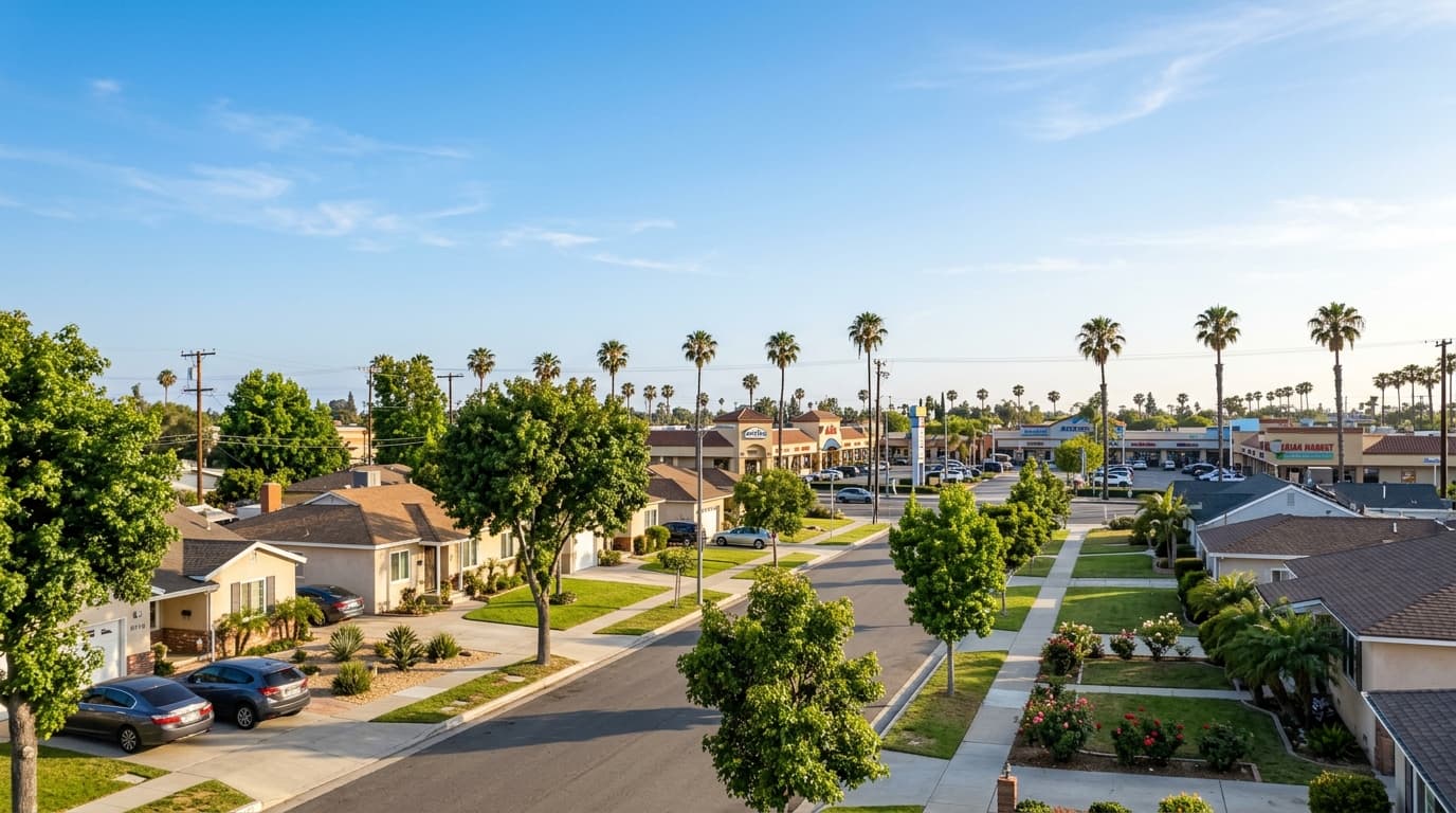 Residential street in Midway City near a commercial boulevard with palm trees, low-rise storefronts, and a clear blue sky