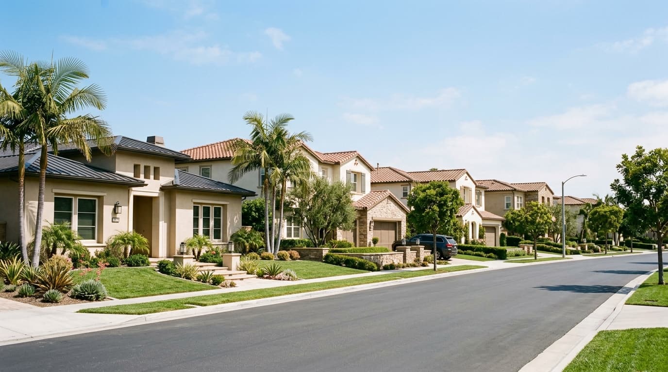 Row of Orange County homes along a quiet suburban street with clear skies and manicured landscaping