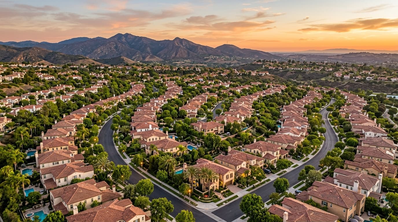 Aerial-style view of an Orange County residential neighborhood with tree-lined streets, tile roofs, and distant hills at sunset
