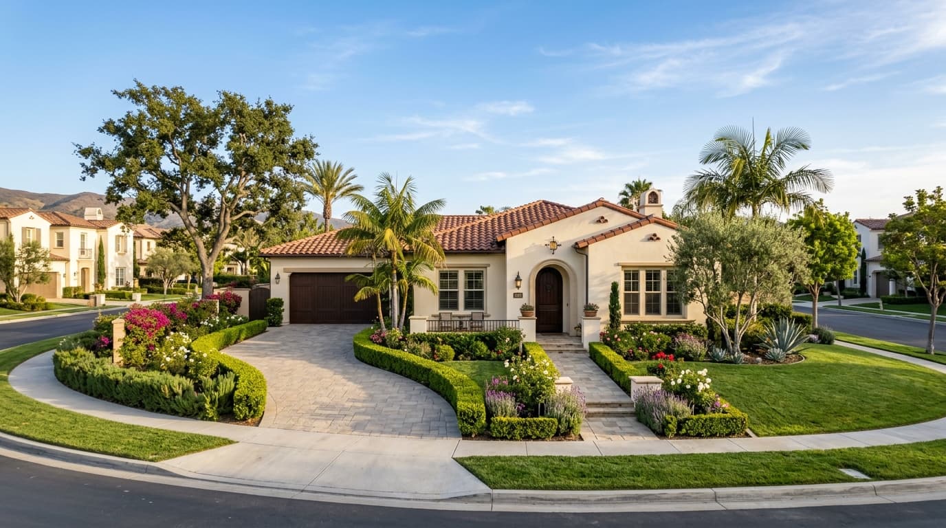 Orange County home with a welcoming front entrance, tidy hedges, and a driveway under soft afternoon light
