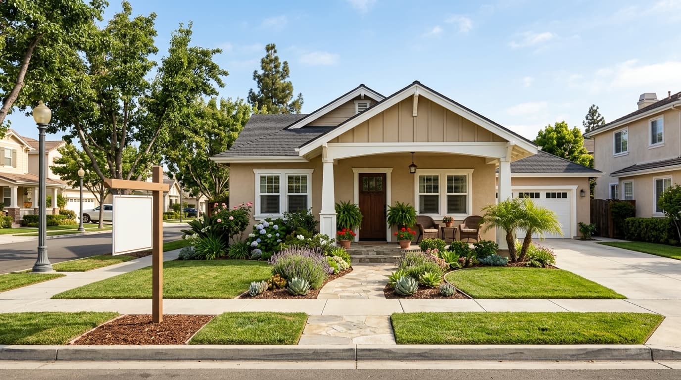 Newly listed Anaheim single-family home with a front porch, small garden, and a for-sale sign at the curb in daylight