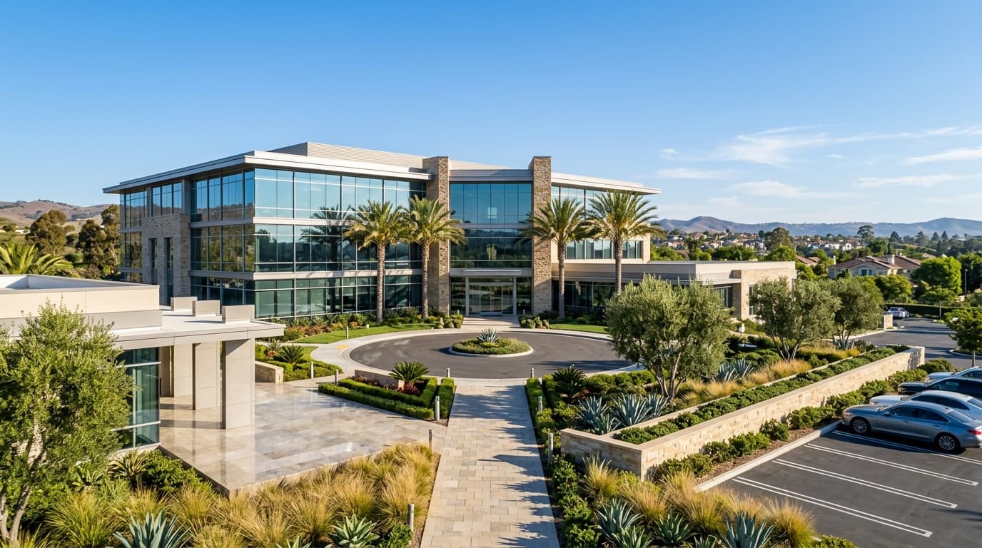 Orange County professional office building exterior with glass windows, landscaped entrance, and a clear morning sky